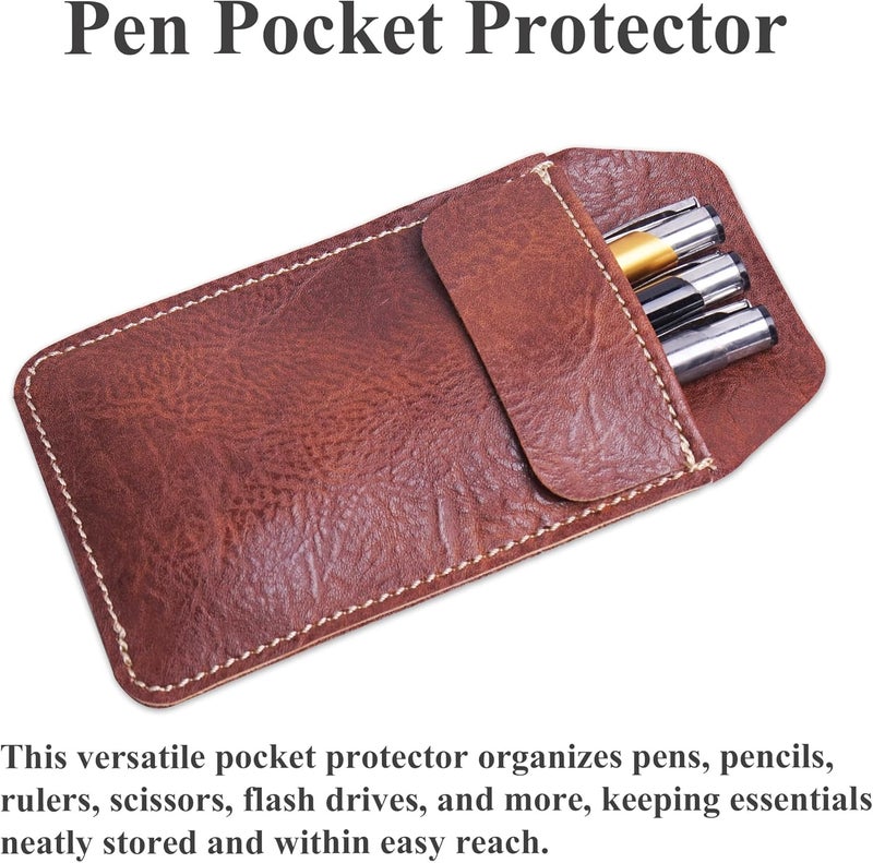 Haecsfl 2 Pieces PU Leather Pocket Protector,Pen Pouch Holder Organizer for Shirts, Lab Coats, Pants - Multi-Purpose - Holds Pens, Pointers, Pencils, and Notes(2-Dark Brown) - Image 2